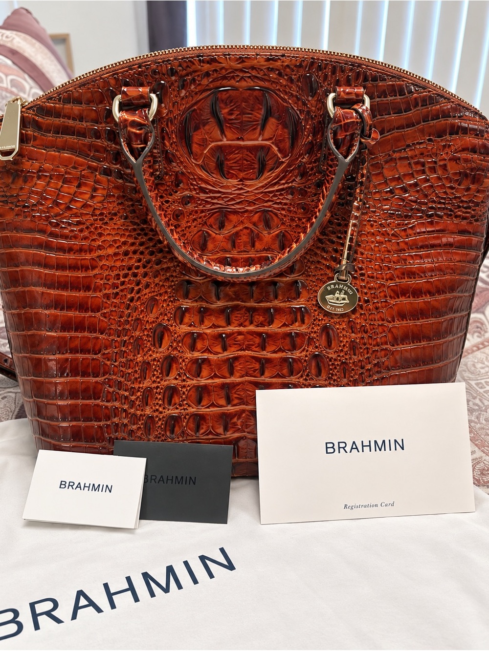 Brahmin Melbourne Croc Embossed Leather Satchel Cognac Brown EUC